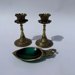 Set Of Vintage Israel Brass Tone Candlesticks And Trinket Dish (LH)