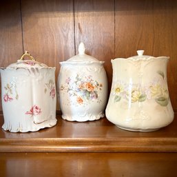 Romantic Trio Of Vintage China Biscut Jars, Inc DRESDEN Germany, Cottagecore Floral Shabby Chic Decor  (DR)