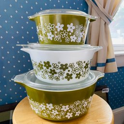 Trio Of Vintage Pyrex Crazy Daisy Spring Blossom Casserole Dishes With Covers (K2)