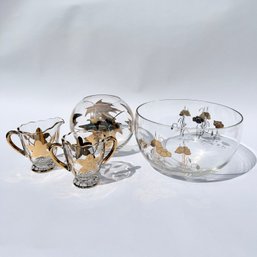 Vintage Handblown Glass Bowls With Creamer Sugar Set, Clear Glass With Gold (LH)