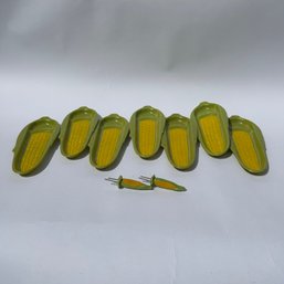 7 Vintage Plastic Corn Cob Dishes With Two Picks (LH)