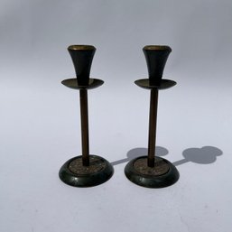 Pair Of Vintage Brass Tone Israel Candlesticks With Decorative Mosaic Inlay Base (LH)