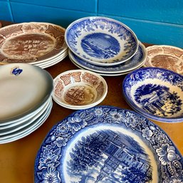 Misc Vintage Blue And Brown Transferware Plates And Dishes (kitchen)