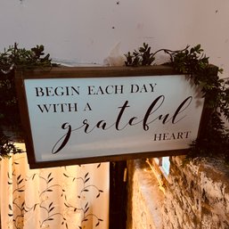 Wooden Grateful Heart Sign With Faux Greenery (basement)