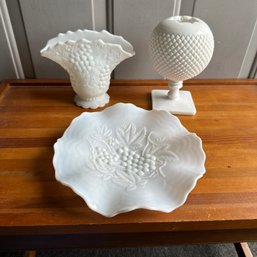Trio Of Milk Glass Pieces Including Unique Round Vase (Front LR)