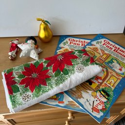 Vintage Christmas Lot: Poinsettia Tablecloth, Punch Out Decorations, Glass Ornaments (NK)