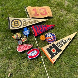 Assortment Of Vintage Hockey Flags, Patches, Pennants, Plus 'Steve Lives Here' Flag (Garage 2)