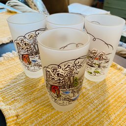 Set Of Four 1950s Currier & Ives Frosted Satin Glasses By Anchor Hocking No. 2 (Box)