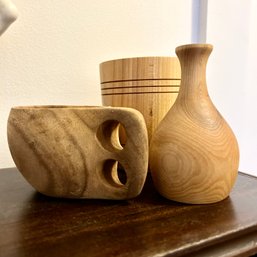 Trio Of Sculpted Wooden Art Pieces, Artist Signed Vase & Bowl, Plus EMS Wooden Mug (Closet)