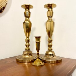 Wow! Large Heavy Vintage Brass Candlestick Holders Plus Small Brass Candlestick (closet)