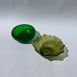 Pair Of Two Vintage Green Glass Small Decorative Bowls (LH)