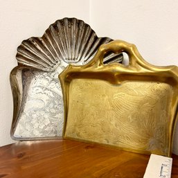 Pair Of Vintage Crumb Trays, Etched Brass Crumb Tray And Clamshell Silver Tone Crumb Tray (closet)