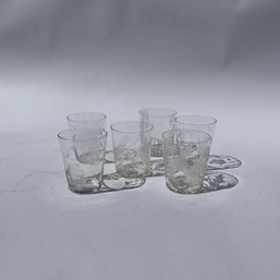Set Of 6 Vintage Clear Etched Glass Drink Glasses, Wine Glasses, Shot Glasses, Juice Glasses (LH)