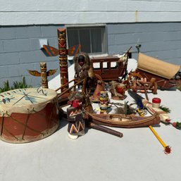 Assortment Of Vintage Handmade Native American Dolls, Totem Poles, Canoe, & More (Garage 2)
