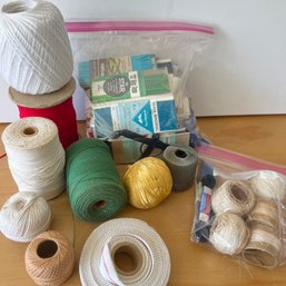 Craft Spools Of String And Crochet Thread With Binding Tape In Plastic Bin (NK)