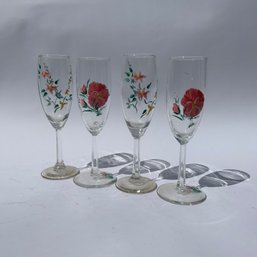 Mixed Lot Of 4 Vintage Handpainted Champagne Glasses, Red Floral LH)