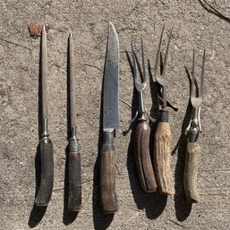 Lot Of Vintage Carving Knife, Forks, Sharpeners With Antler Handles (Garage Left)