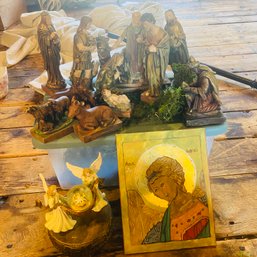 Mixed Lot Of Religious Angels, Nativity Scene & Music Box (Attic)