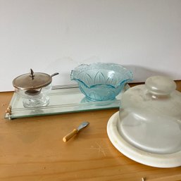 Marble Cheese Dish With Cloche, Blue Pressed Glass Bowl And Other Pieces (ST)