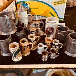 Collection Of Pewter, Glass & Ceramic Beer Steins & Mugs (garage)