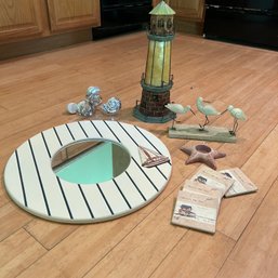 Nautical Beach Theme Decor: Lighthouse Tea Light Sculpture, Sailboat Mirror, Bird Sculpture, Shell PlugIns (ap