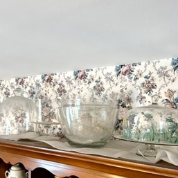 Mixed Glass Serveware Lot: Punch Bowl, Cake Stand, Glass Bowls, Etc (top Of Hutch)