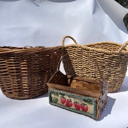 Set Of 3 Vintage Wicker Baskets, Bicycle Basket, Apple Basket, Hand Basket (LH)
