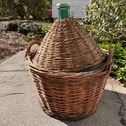 Vintage Large Woven Wicker Basket With Demijohn Wine Bottle (Garage Left)