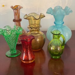 Lot Of 6 Vintage Colorful Glass Small Vases - Green, Red, Amber (BlueBR)