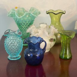 Lot Of 6 Vintage Colorful Glass Small Vases/Dish/Pitcher Hobnail (BlueBR)