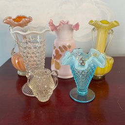 Lot Of 6 Vintage Colorful Glass Small Vases Two Handled Hobnail Yellow Orange Pink (BlueBR)