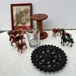 Assorted Vintage Items: Horse Figures, Cast Iron Trivet, Print, Etc (NK)