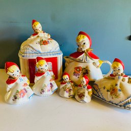 Vintage Hull Little Red Riding Hood Tea Canister, Creamer & Salt And Pepper Shakers (DR)
