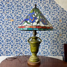 Ceramic Green Table Lamp With Resin Faux Stained Glass Shade (b2)