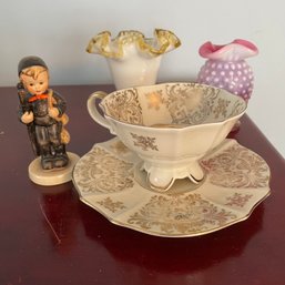 Cute Lot Of Porcelain Teacup & Figurine, Glass & Hob Nail Vase (BlueBR)