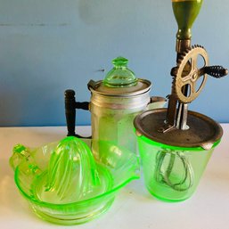Unique Vintage Uranium Glass Coffee Percolator, Hand Mixer & Juicer (DR)