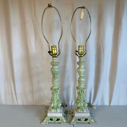 Pair Of Vintage AB Moulds Green And White Lamps With Marble Bases
