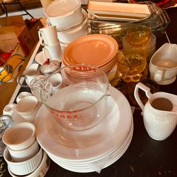 Misc. Kitchen Lot With Cardinal Sugar & Creamer, Platters, Pyrex, Ramikens & More! (garage)