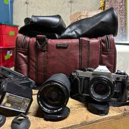 Canon AE-1 Program 35mm Film SLR Manual Focus Camera W/ 50mm Lens & Vivitar 35-200mm Macro Zoom Lens, Etc (z4)