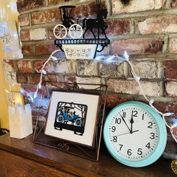 Assorted Decorative Items: Clock, Carriage Metal Art And Old Car Silhouette (LR)