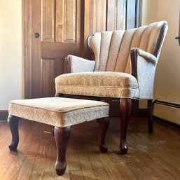 Gorgeous Vintage Cream Colored Wingback Chair With Ottoman - Small Stain On Backrest See Photos (B1)