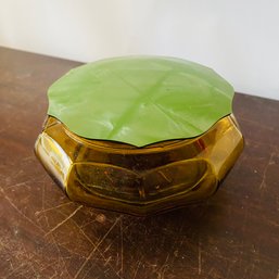Decorative Amber Glass Dish With Lid (Loc: B14)