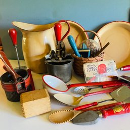 Vintage Red Themed Kitchen Utensils, Metal Plates, Pitcher & More (DR)