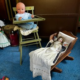 Vintage Bisque Doll, Baby Doll, Highchair And Wooden Cradle Lot (Doll BR)