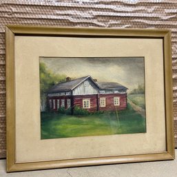 Vintage Framed Original Watercolor Landscape, Red Barn, Glass (zone 4)