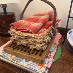 Misc Lot Of Decorative Kitchen Items: Basket, Wood Tray, Placemats, Table Runner, Coasters, Farmhouse Country