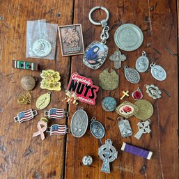 Assorted Metal Pieces - Sterling Miraculous Medal Mary, Buttons, WWII Service Ribbons, & More (HW51329)