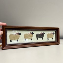 Rectangular Framed Artist Signed Painted Fabric Art, 4 Sheep, From Gunther Hall LTD, Alton NH (attic)