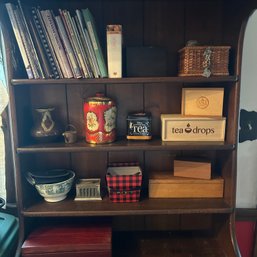 Misc Shelf Lot: Cookbooks, Tea Boxes, Baskets, Decor (kitchen)