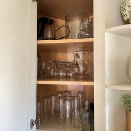 Kitchen Cabinet Lot: Glass Tumblers, Pitcher, Etc.
